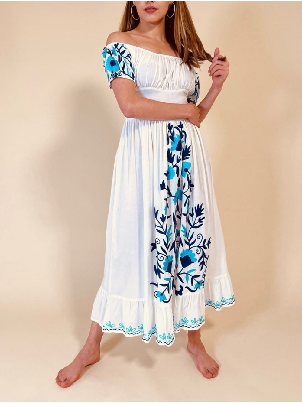 Debbie Katz Cindy Maxi Embroidered Dress Cotton XS Spanish Cottagecore Festive